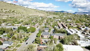 Aerial view of residential area with mountains