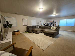 Living area featuring carpet floors and a textured ceiling
