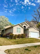 Ranch-style home with a garage, stucco siding, concrete driveway, and a front yard