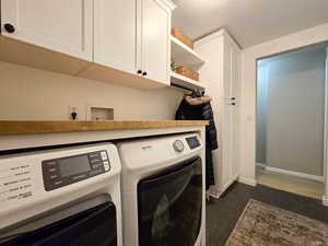 Laundry area featuring cabinet space, independent washer and dryer, and dark carpet
