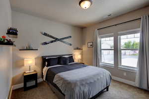 Bedroom carpet floors and ceiling fan.