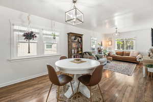 Dining room featuring wood finished floors and hanging lights