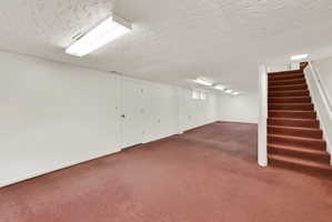 Below grade area featuring dark colored carpet and a textured ceiling