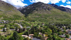 Aerial view of residential area with mountains