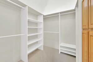 Walk in closet with light colored carpet