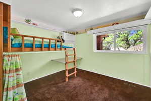 Unfurnished bedroom with dark carpet