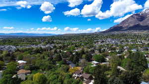 Aerial view of residential area featuring a mountainous background