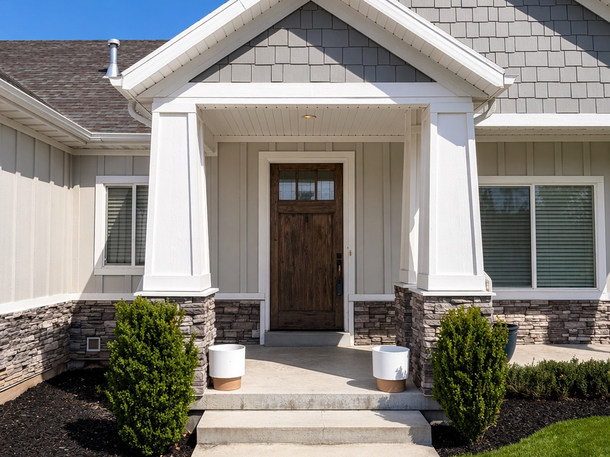 Property entrance with board and batten siding, stone siding, and a shingled roof