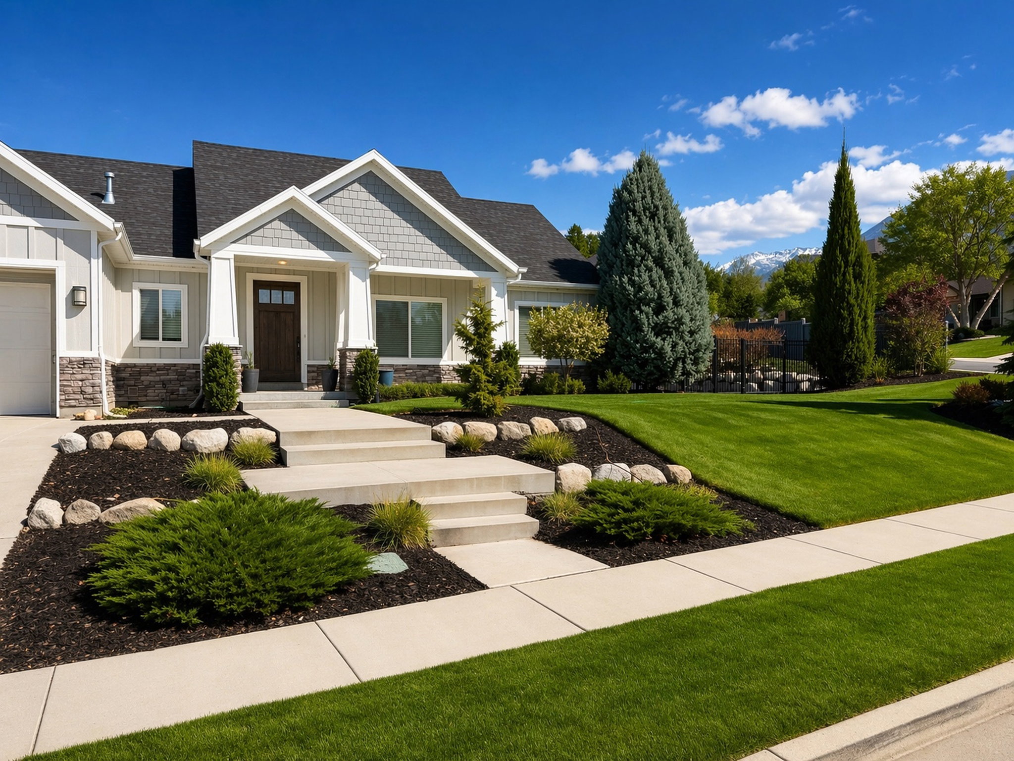 Craftsman-style home featuring board and batten siding, stone siding, a front lawn, roof with shingles, and a garage