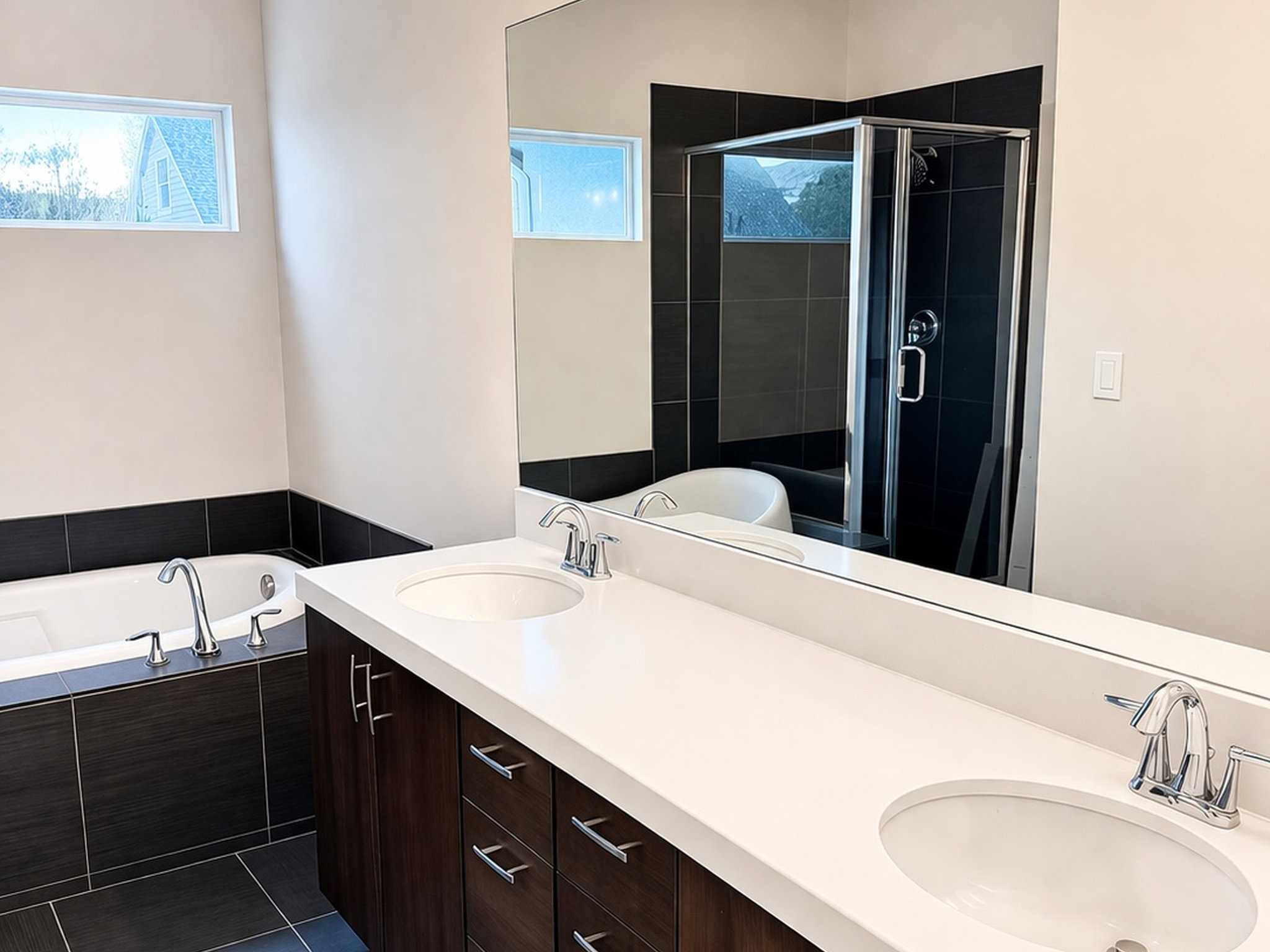 Bathroom featuring a bath, a shower stall, and double vanity