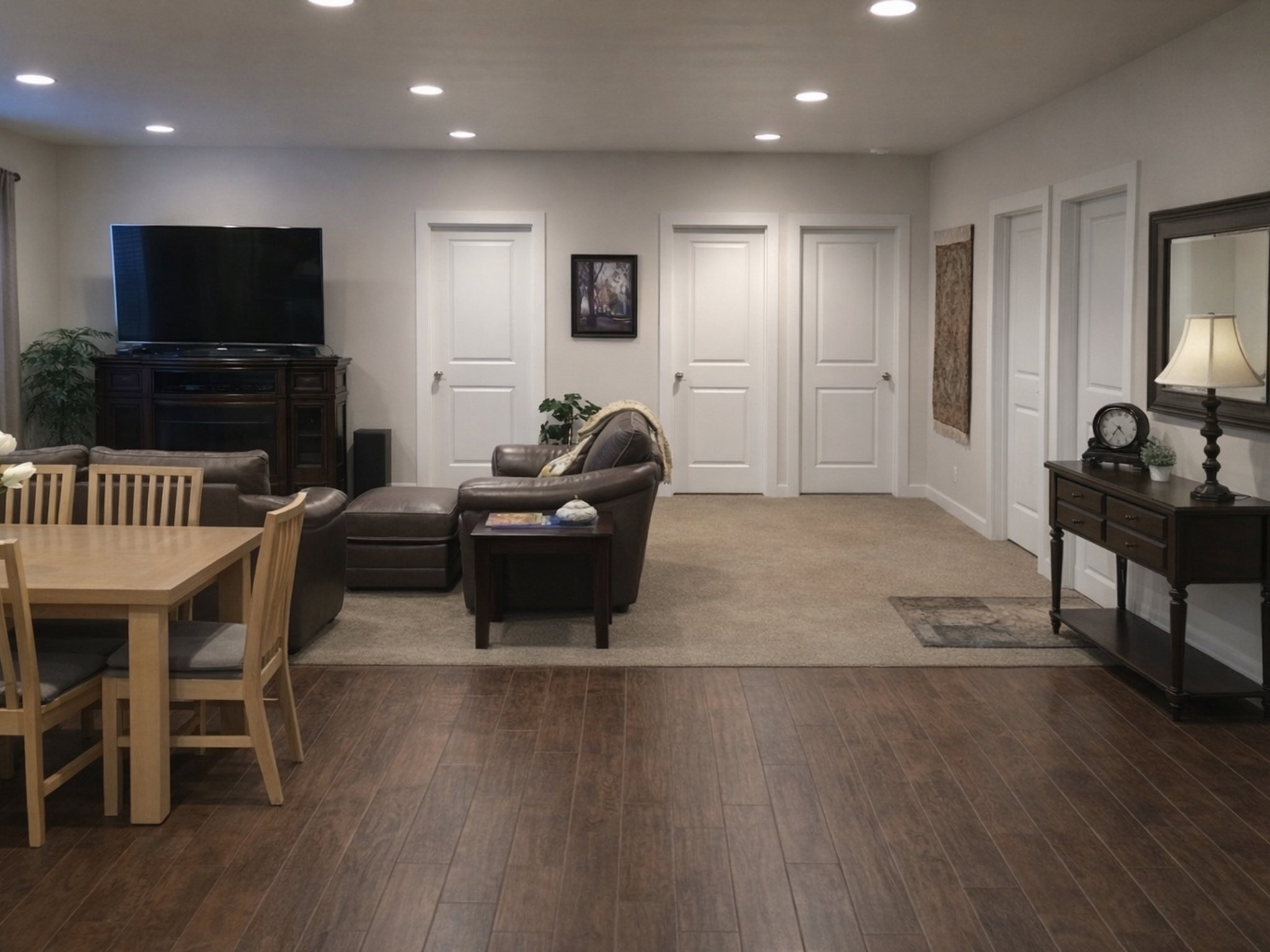 Living area with recessed lighting and dark wood finished floors