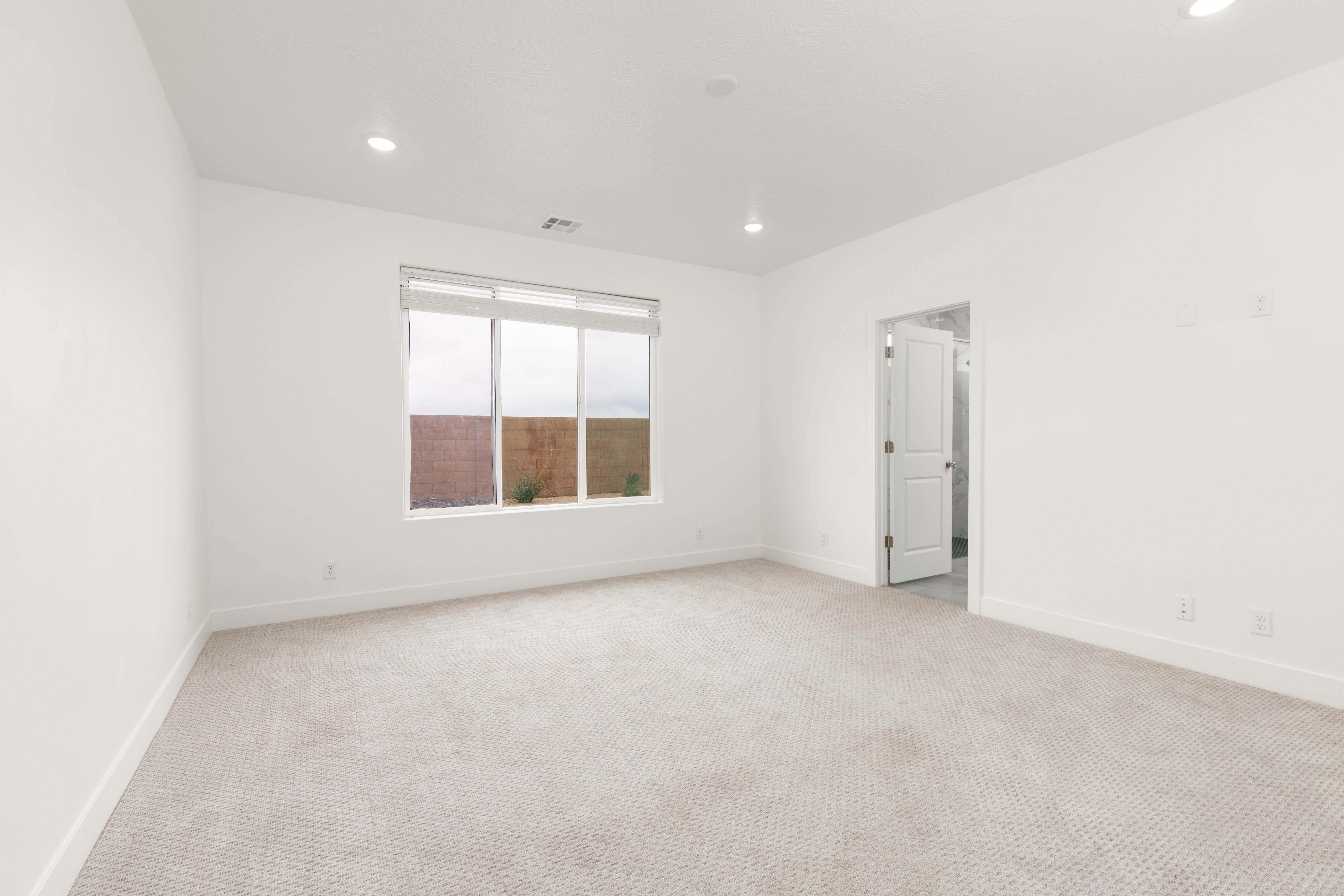 Spare room featuring light colored carpet and recessed lighting