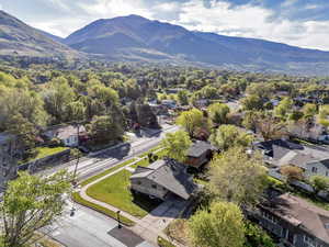 Aerial view of residential area with mountain views