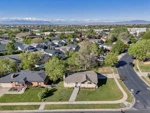 Aerial view of residential area with mountains