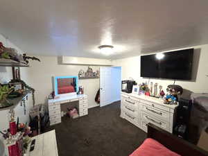 Living area with a textured ceiling and dark carpet