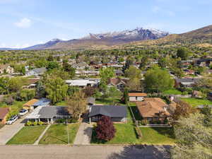 Aerial perspective of suburban area featuring mountains