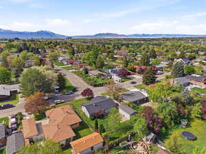 Aerial perspective of suburban area with mountains