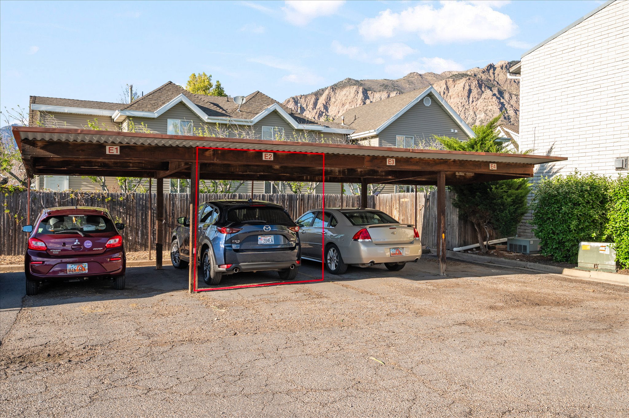 Covered parking lot with a mountain view