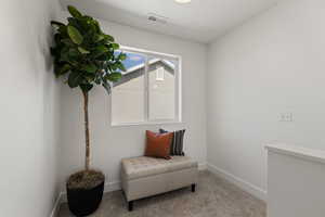 Top of stairwell with light colored carpet and window