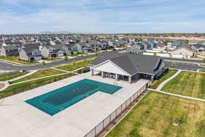 Aerial view of community pool and clubhouse