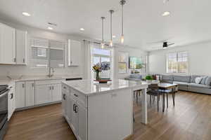 Kitchen with high ceilings, white cabinetry, spacious island, upgraded quartz countertops, LVP flooring, and stainless steel appliances