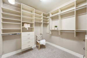 Walk in closet featuring light colored carpet