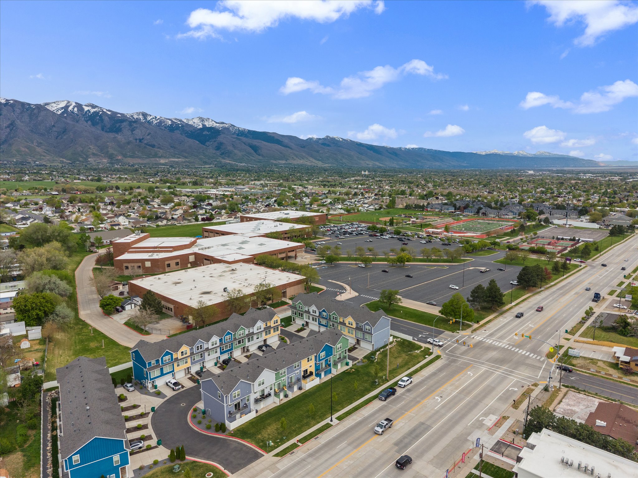 Aerial view of residential area with mountains