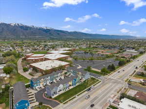Aerial view of residential area with mountains