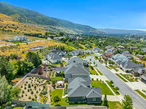 Aerial view of residential area with mountains