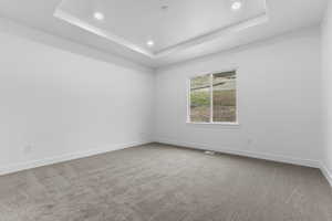 Unfurnished room featuring light carpet, recessed lighting, and a tray ceiling