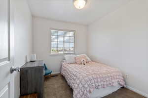 Bedroom with dark colored carpet and baseboards