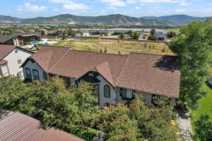 Drone / aerial view of a mountain backdrop