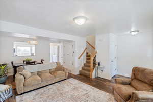 Living area with ornamental molding, a textured ceiling, and dark wood-style flooring