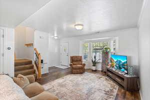 Living area featuring dark wood-style floors, crown molding, and a textured ceiling