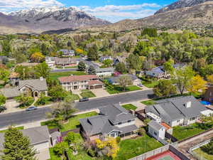 Aerial view of residential area with a mountain backdrop