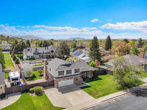 Aerial perspective of suburban area with mountains