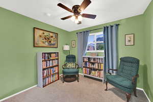 Living area with carpet and ceiling fan