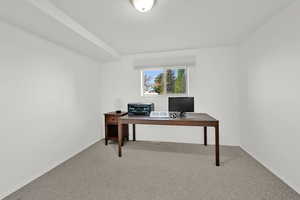 Office area with light colored carpet and baseboards