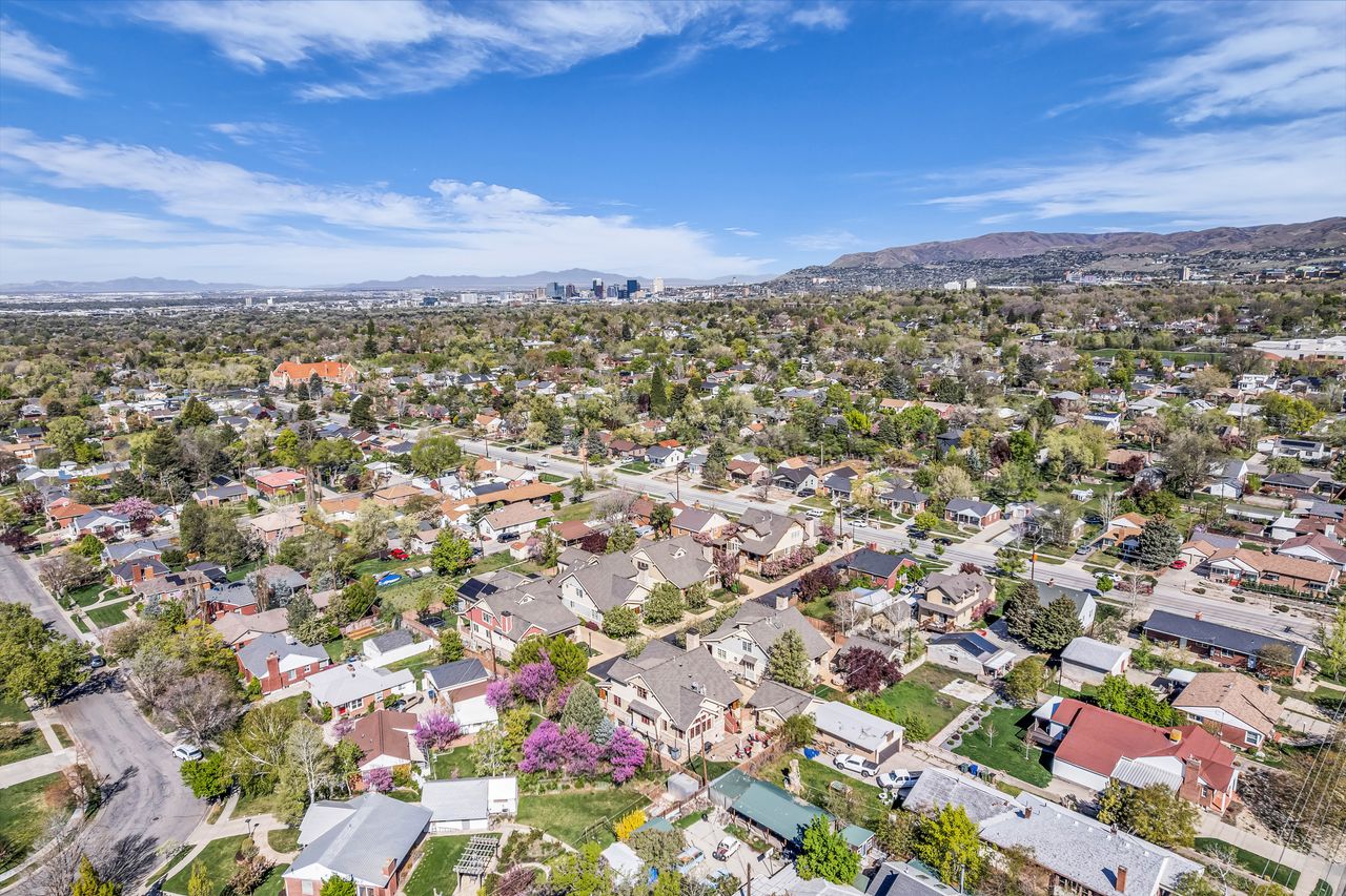 Drone / aerial view of a mountainous background