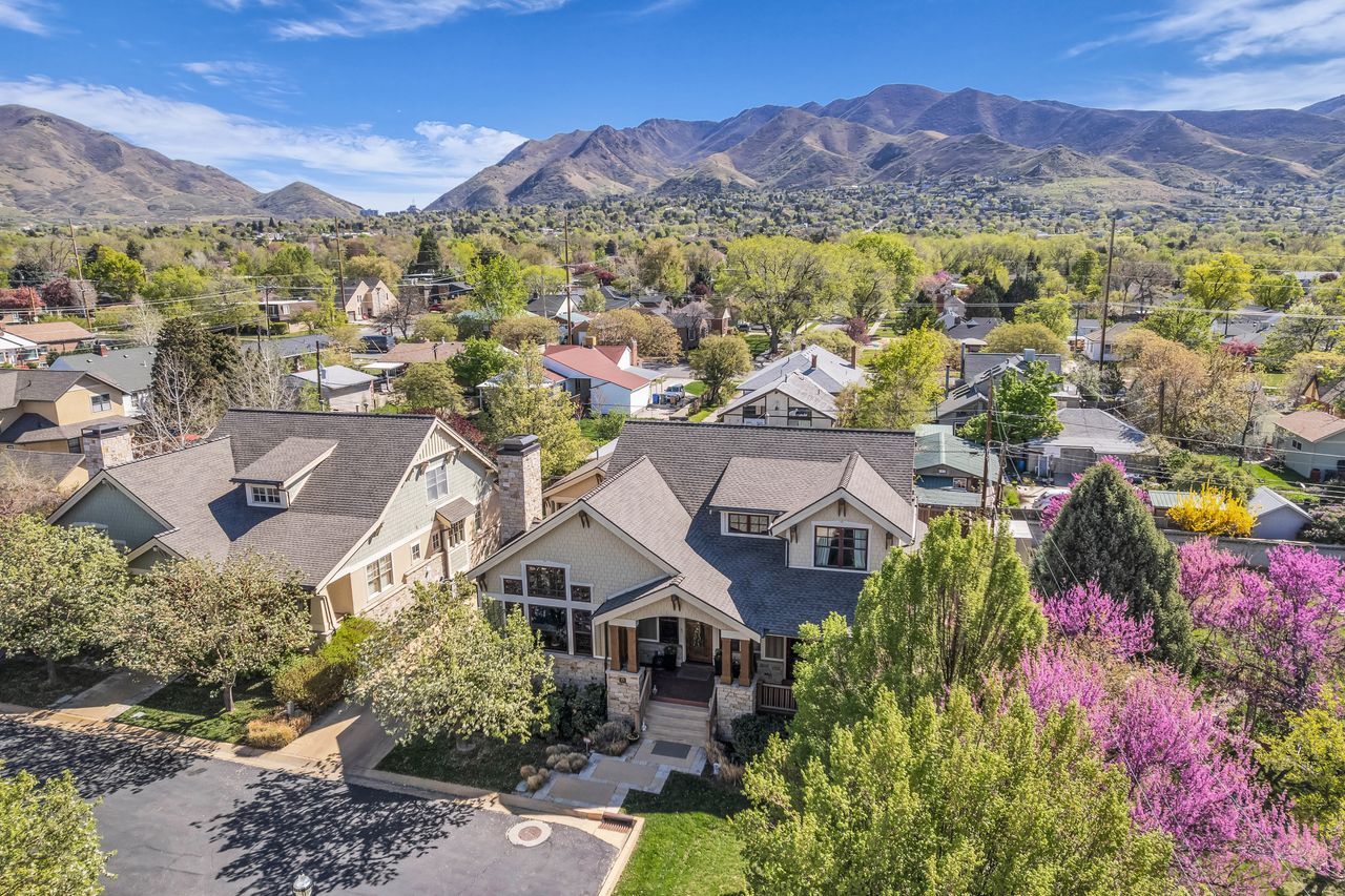 Aerial view of residential area with mountains