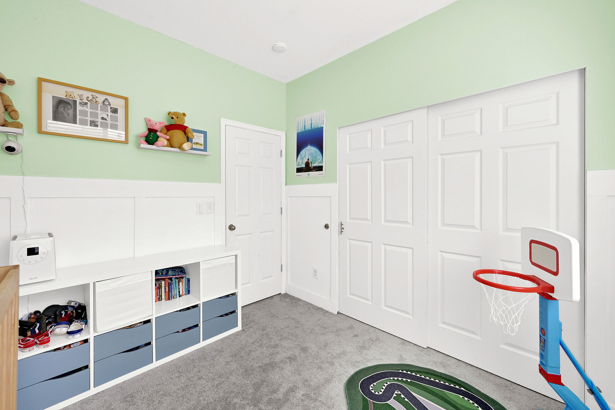 Rec room featuring light carpet