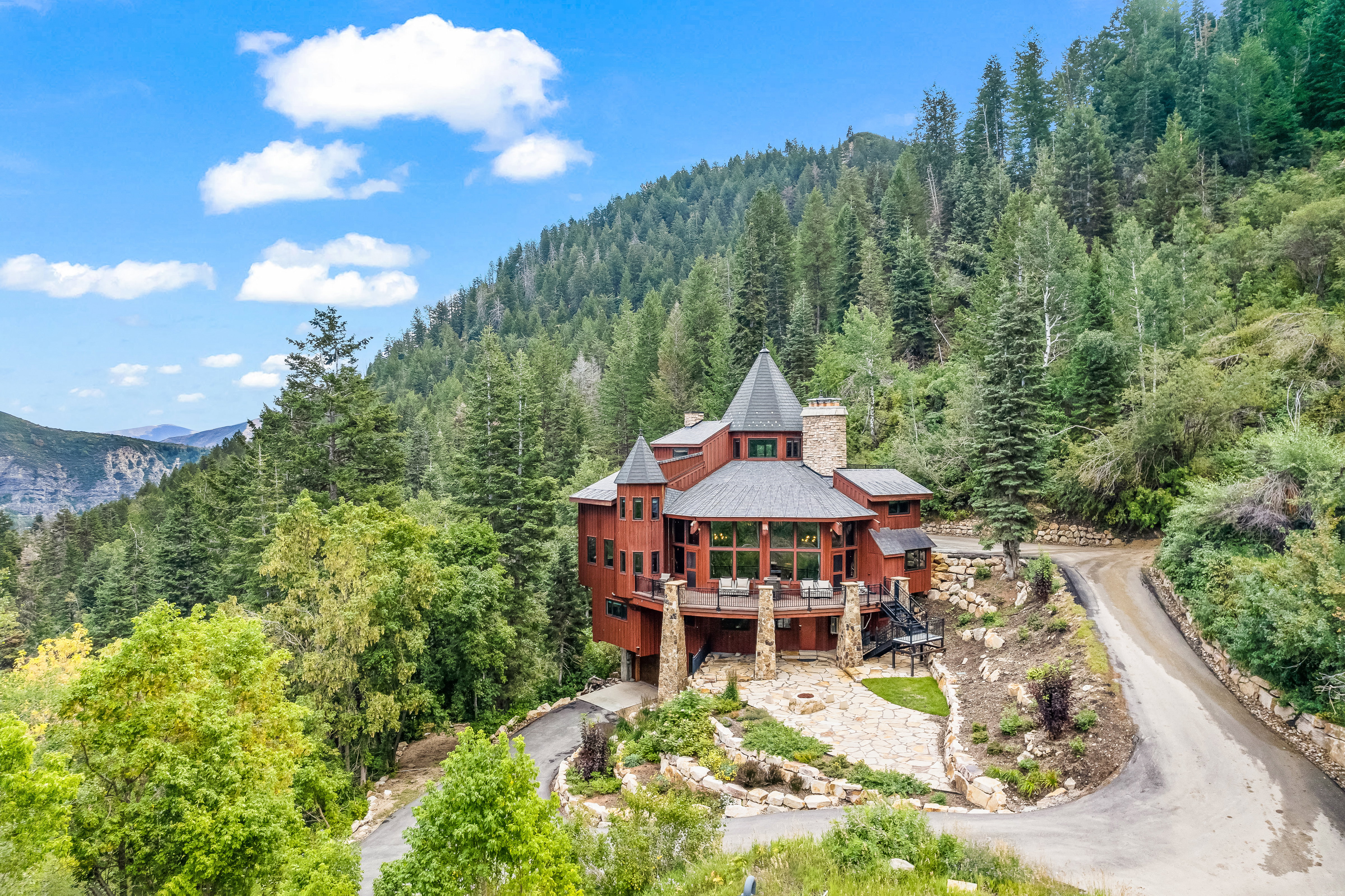 View from above of property with a heavily wooded area and a mountainous background