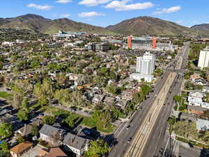 Aerial view towards University of Utah and mountain view