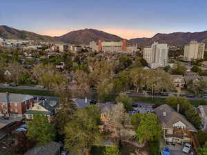 Aerial view towards University of Utah and mountain view