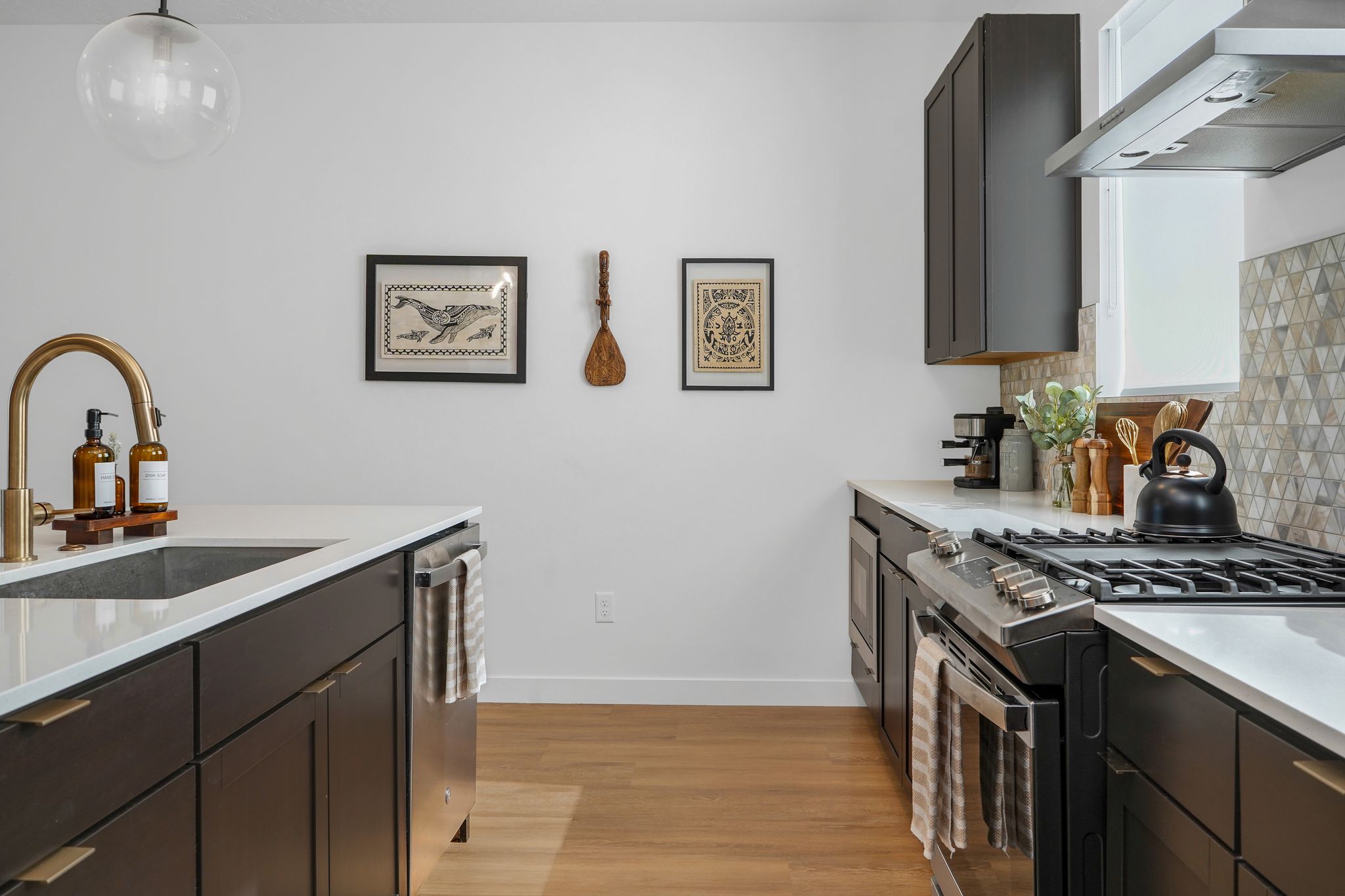 Kitchen featuring stainless steel appliances, ventilation hood, dark wood finish cabinets, decorative backsplash, and light wood-style flooring