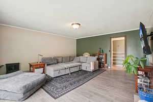 Living area with wood finished floors, a textured ceiling, and ornamental molding