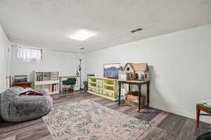 Sitting room featuring dark wood-type flooring and a textured ceiling
