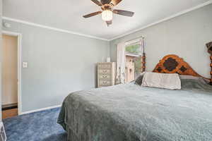 Bedroom with ceiling fan, dark colored carpet, crown molding, and a textured ceiling