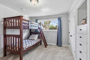 Bedroom with light carpet and ornamental molding