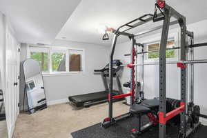 Workout room featuring a textured ceiling and carpet flooring